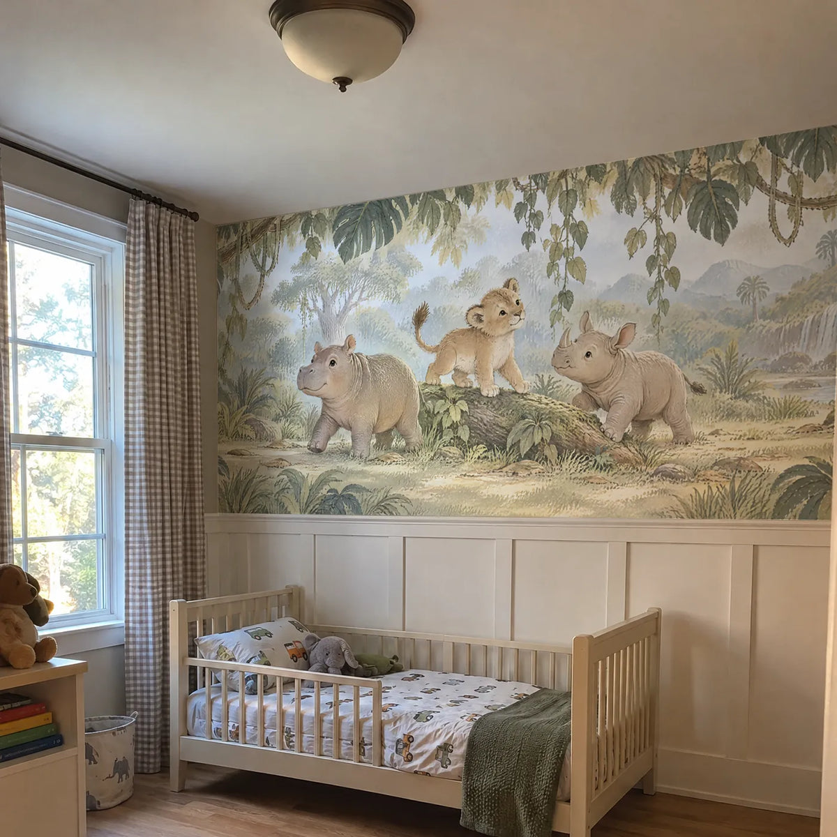 Gouache wainscoting wallpaper of a hippo, lion cub and rhino in the jungle, in a room photo, by Whimsy Tots