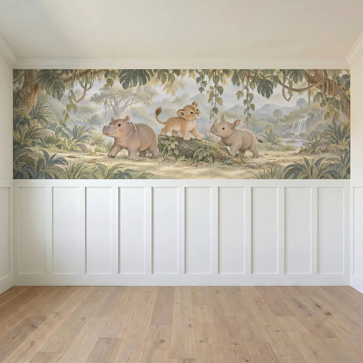 Gouache wainscoting wallpaper of a hippo, lion cub and rhino in the jungle, full band design, by Whimsy Tots