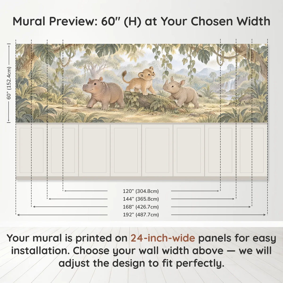 Gouache wainscoting wallpaper of a hippo, lion cub and rhino in the jungle, band height and width, by Whimsy Tots