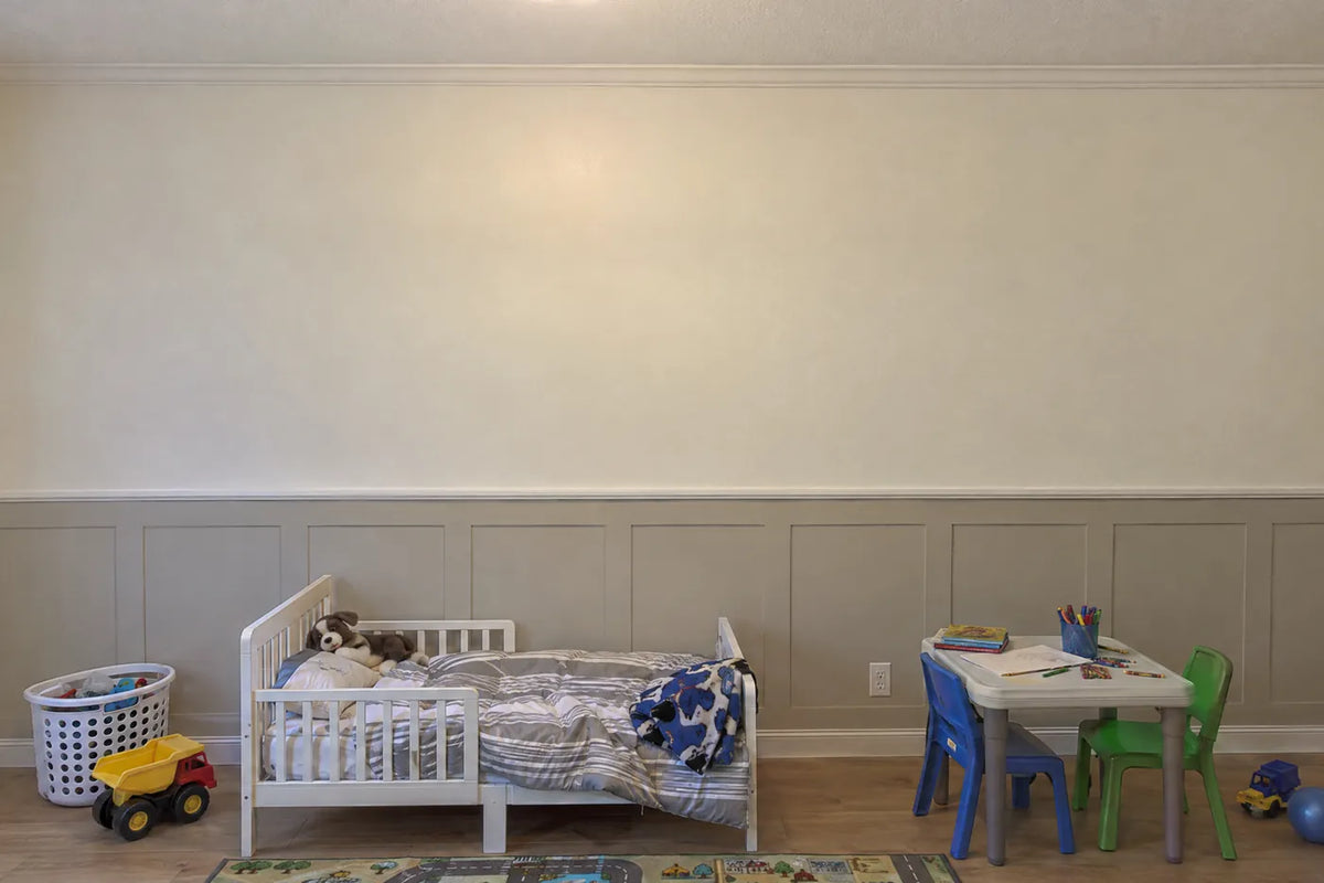 Gouache wainscoting wallpaper of a hippo, lion cub and rhino in the jungle, the same room before, by Whimsy Tots