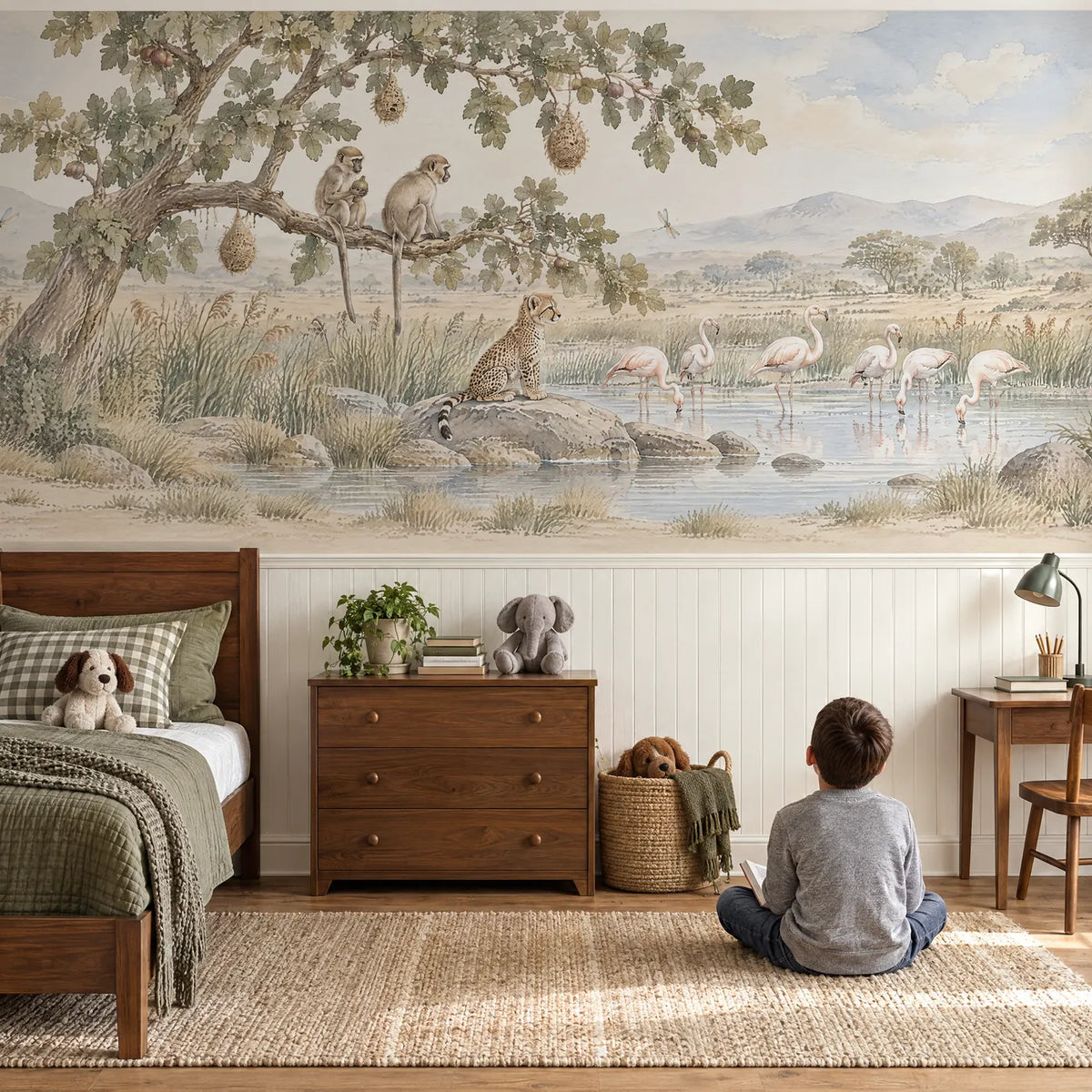 Watercolor wainscoting wallpaper of monkeys, a cheetah cub and flamingos, in a lifestyle room, by Whimsy Tots