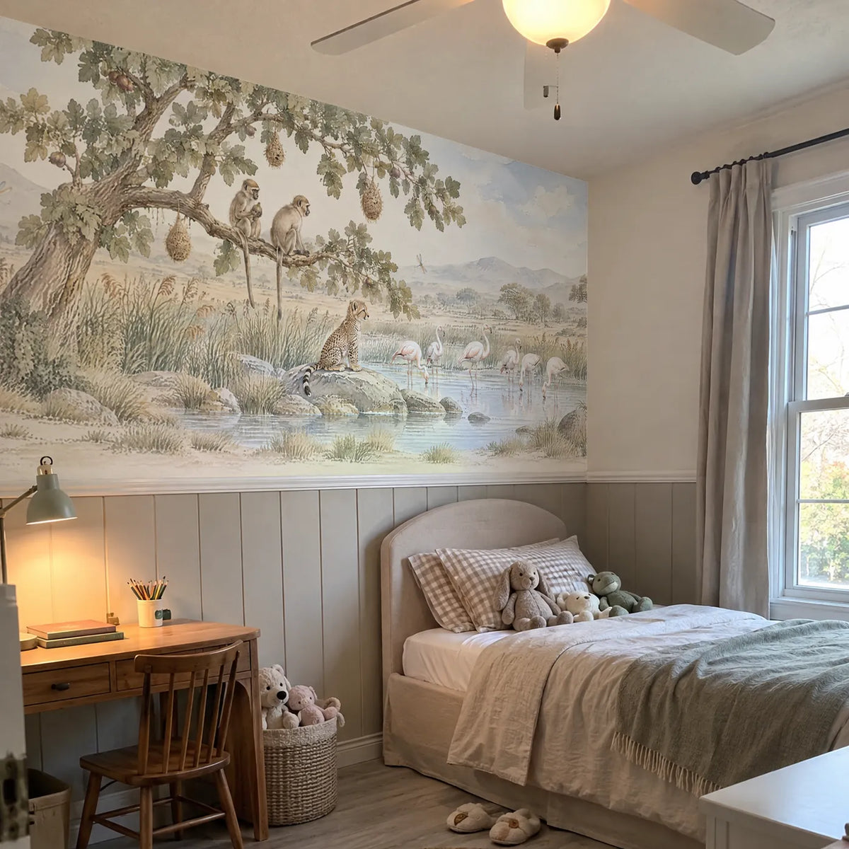 Watercolor wainscoting wallpaper of monkeys, a cheetah cub and flamingos, in a room photo, by Whimsy Tots