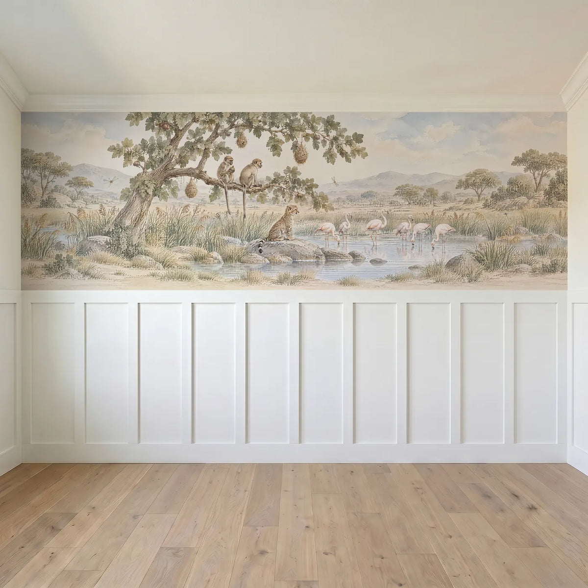 Watercolor wainscoting wallpaper of monkeys, a cheetah cub and flamingos, full band design, by Whimsy Tots