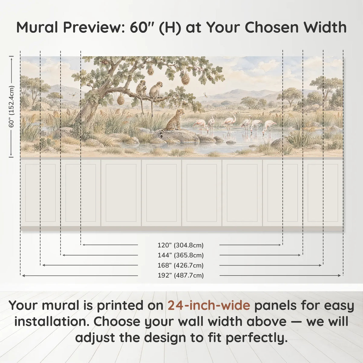 Watercolor wainscoting wallpaper of monkeys, a cheetah cub and flamingos, band height and width, by Whimsy Tots