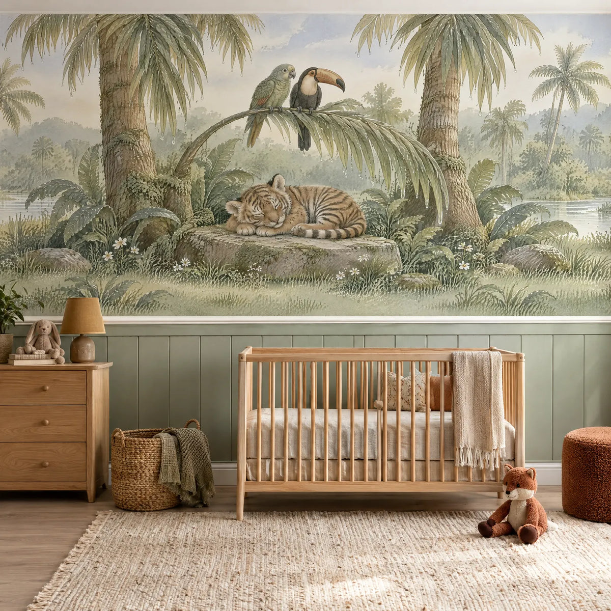Storybook wainscoting wallpaper of a sleeping tiger cub in a palm grove, above the chair rail in a styled room, by Whimsy Tots