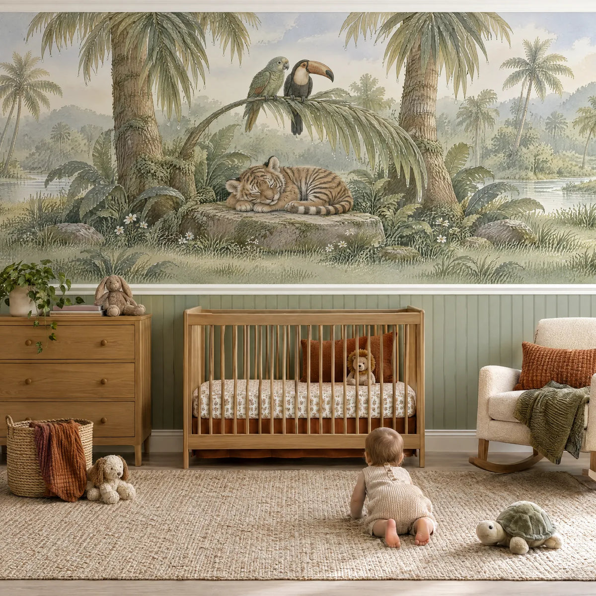 Storybook wainscoting wallpaper of a sleeping tiger cub in a palm grove, in a lifestyle room, by Whimsy Tots