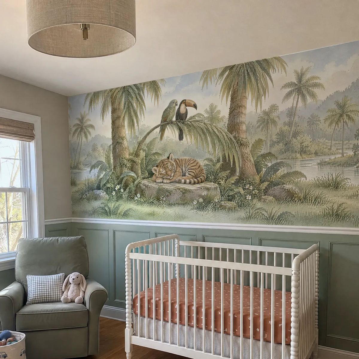 Storybook wainscoting wallpaper of a sleeping tiger cub in a palm grove, in a room photo, by Whimsy Tots