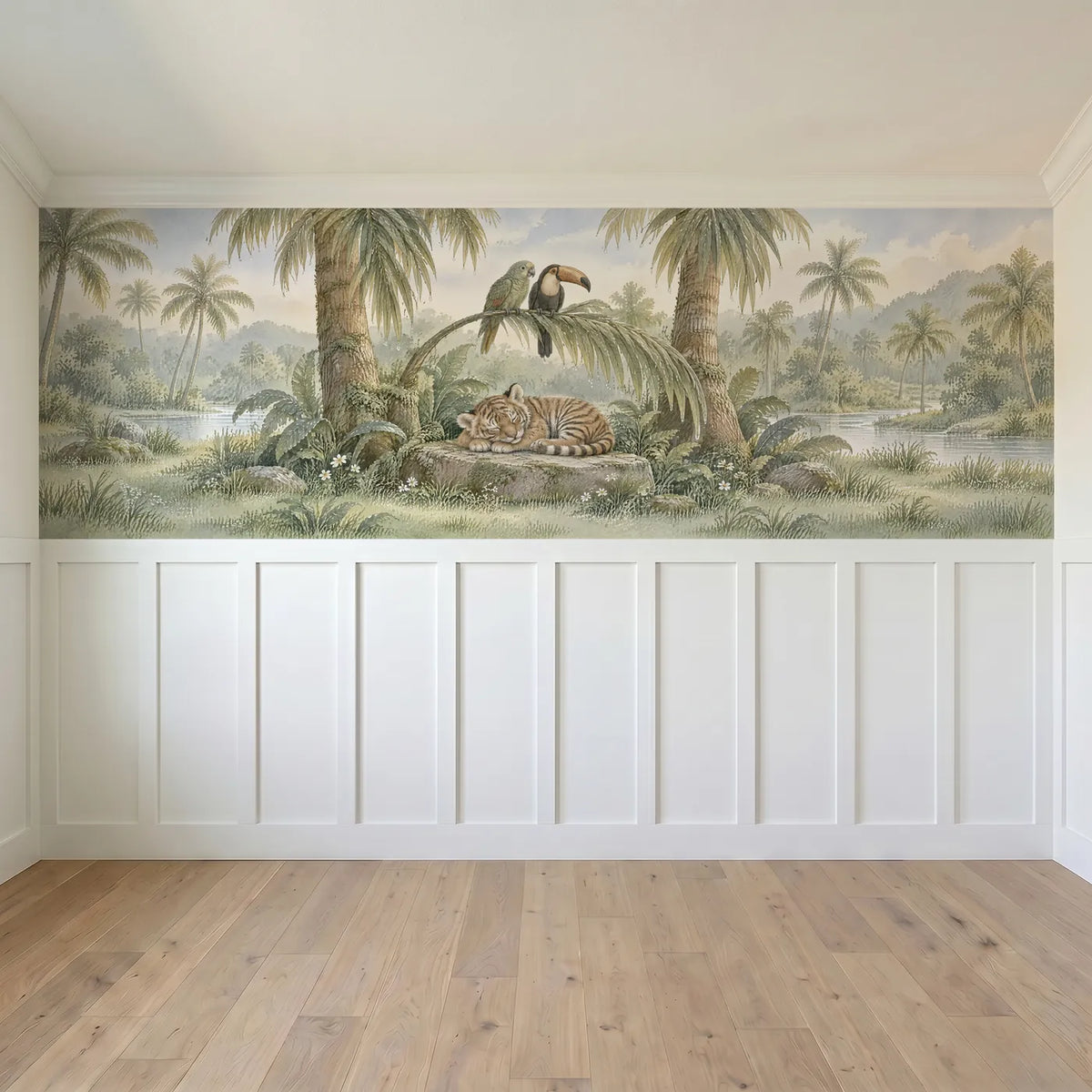 Storybook wainscoting wallpaper of a sleeping tiger cub in a palm grove, full band design, by Whimsy Tots