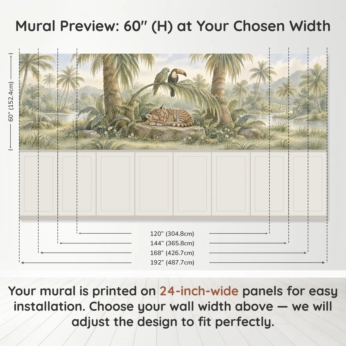 Storybook wainscoting wallpaper of a sleeping tiger cub in a palm grove, band height and width, by Whimsy Tots