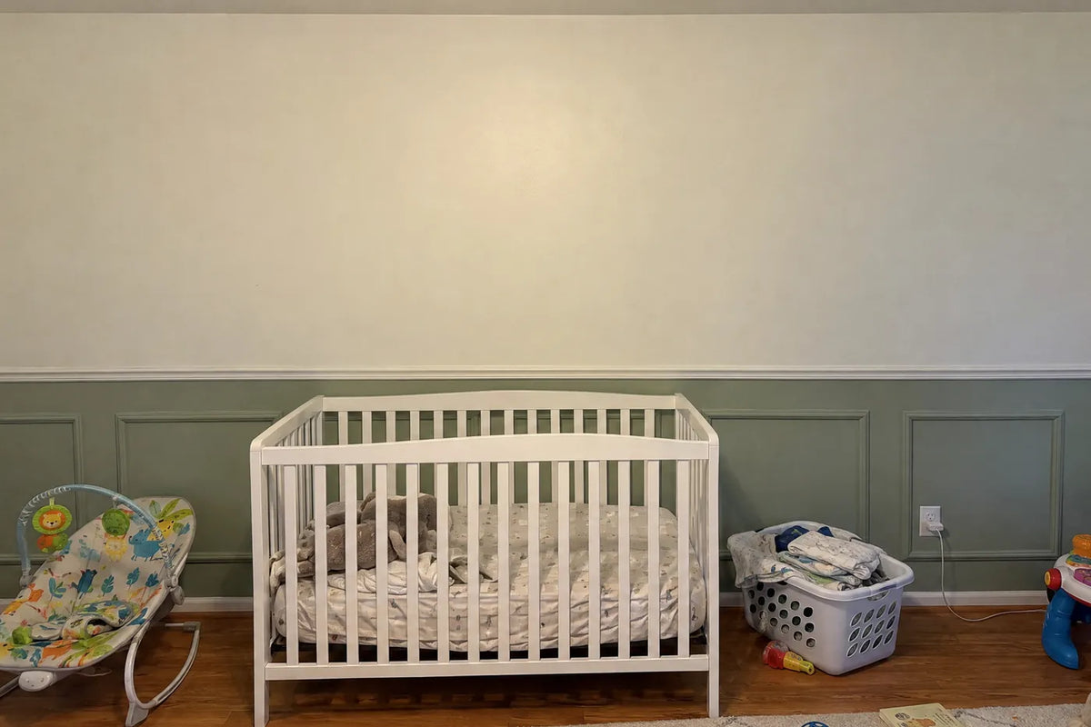 Storybook wainscoting wallpaper of a sleeping tiger cub in a palm grove, the same room before, by Whimsy Tots