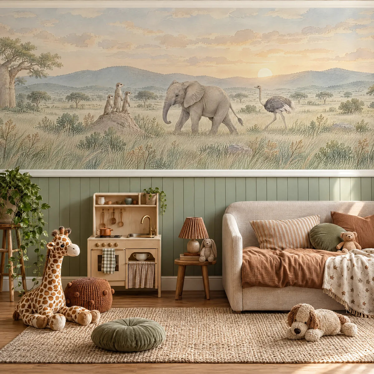 Watercolor wainscoting wallpaper of meerkats, an elephant and an ostrich, above the chair rail in a styled room, by Whimsy Tots
