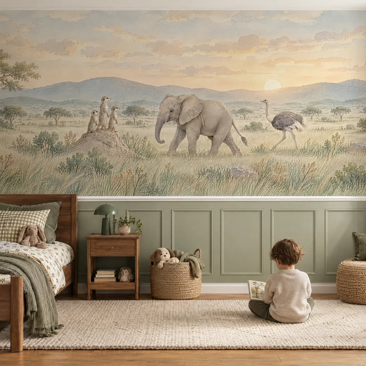 Watercolor wainscoting wallpaper of meerkats, an elephant and an ostrich, in a lifestyle room, by Whimsy Tots