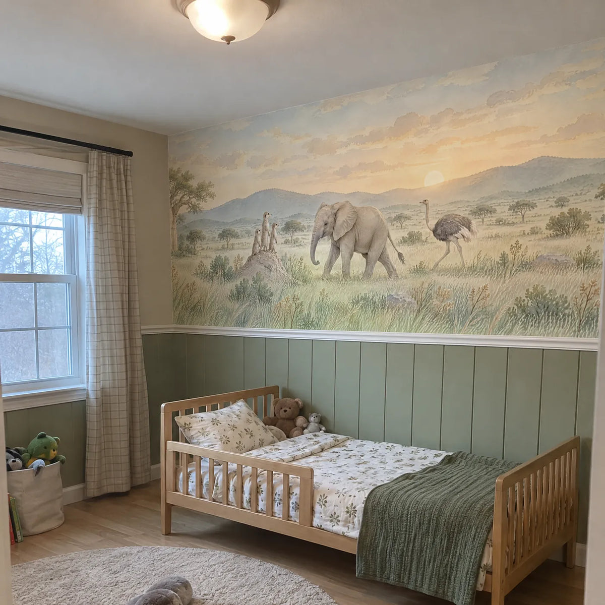 Watercolor wainscoting wallpaper of meerkats, an elephant and an ostrich, in a room photo, by Whimsy Tots