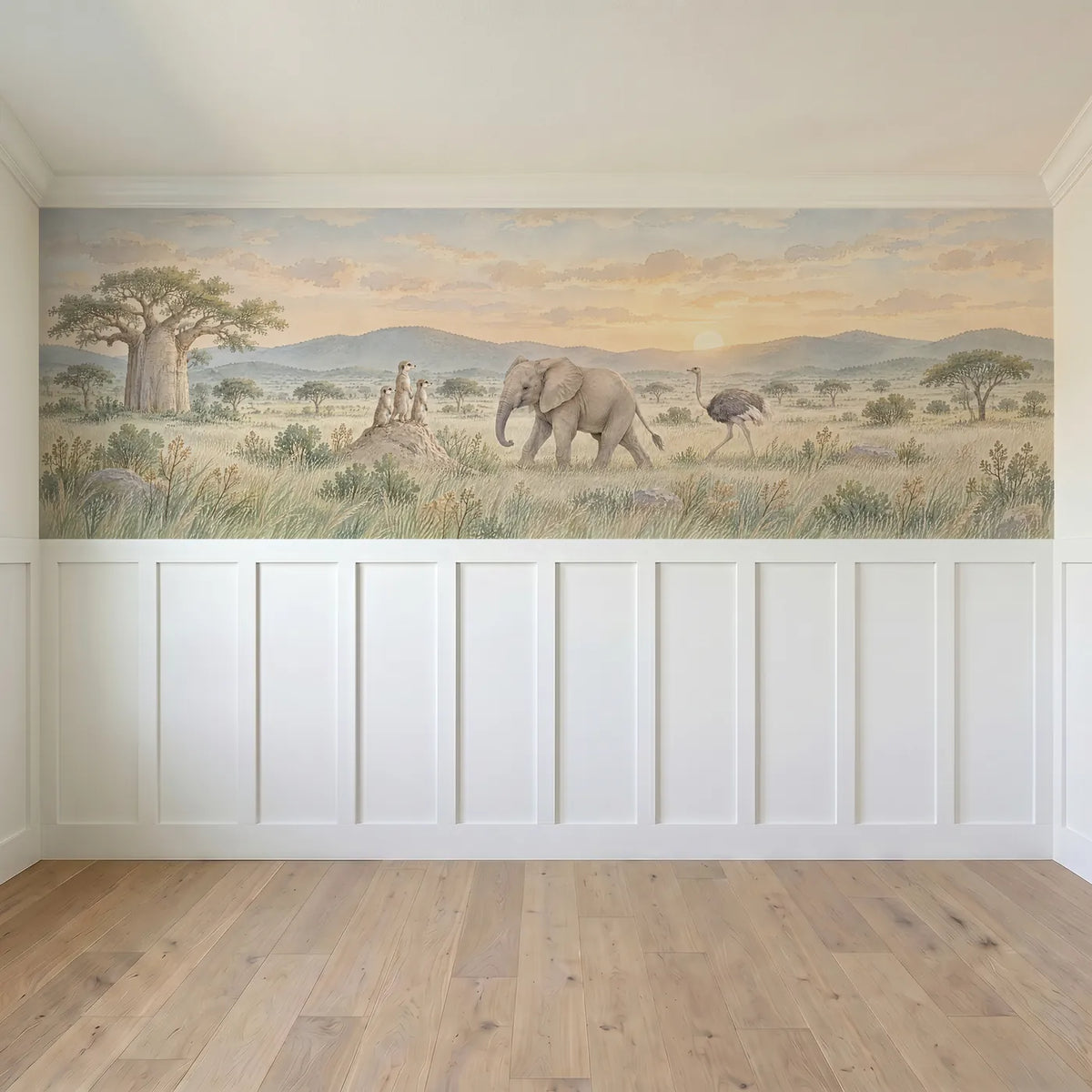 Watercolor wainscoting wallpaper of meerkats, an elephant and an ostrich, full band design, by Whimsy Tots