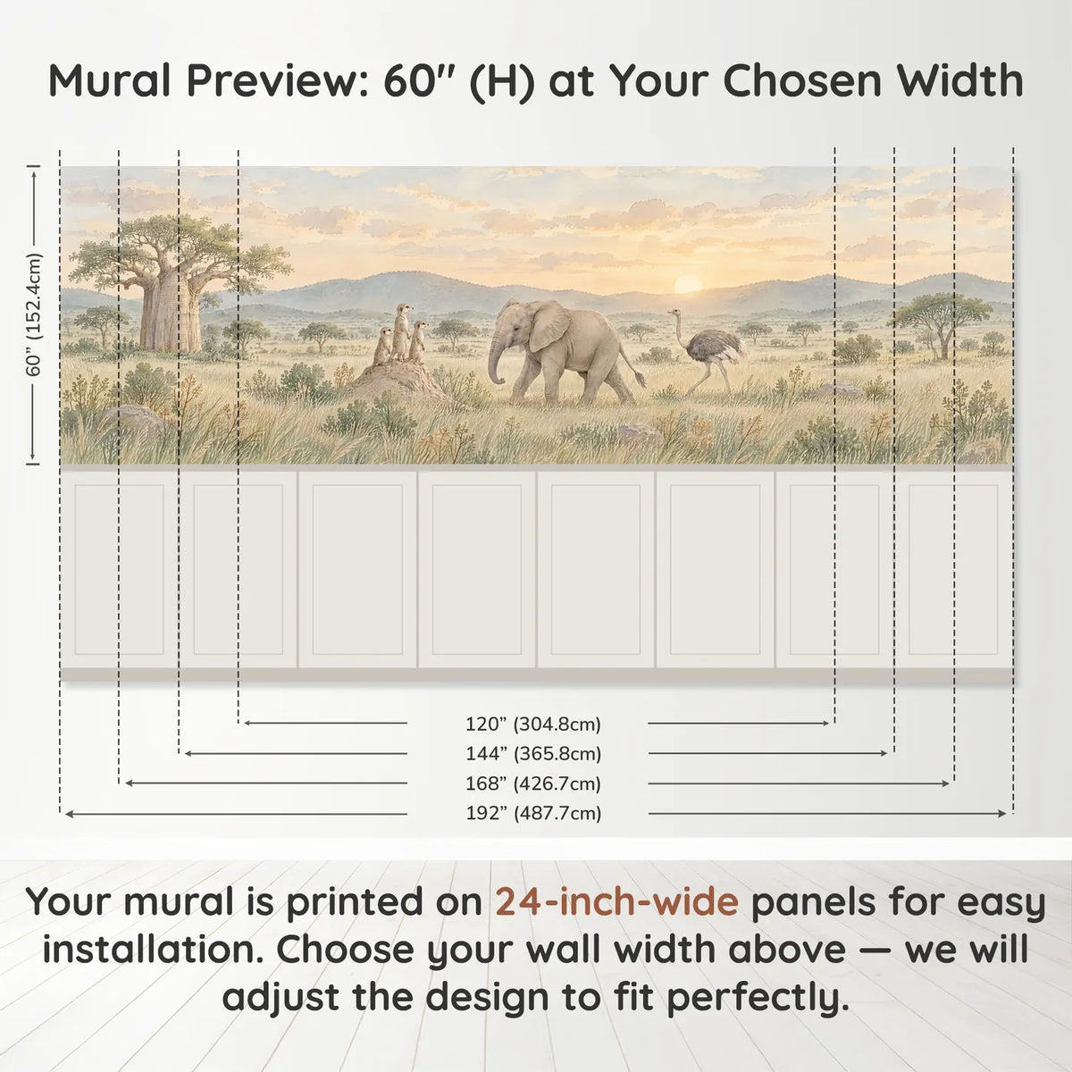Watercolor wainscoting wallpaper of meerkats, an elephant and an ostrich, band height and width, by Whimsy Tots