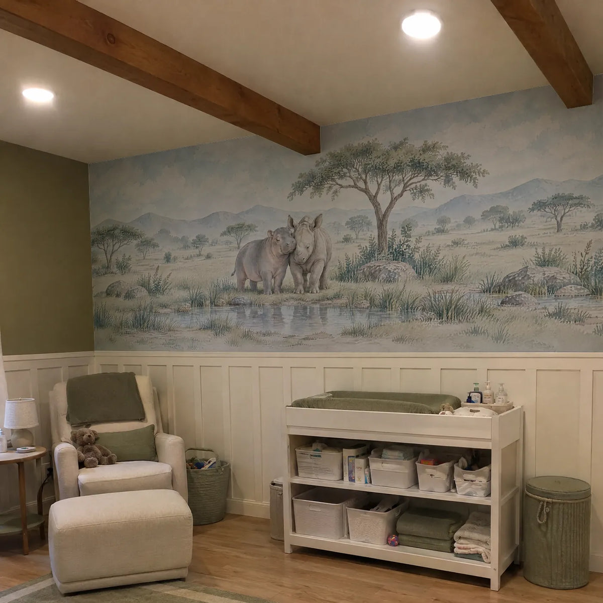 Watercolor wainscoting wallpaper of a hippo and rhino calf by a rain pool, in a room photo, by Whimsy Tots