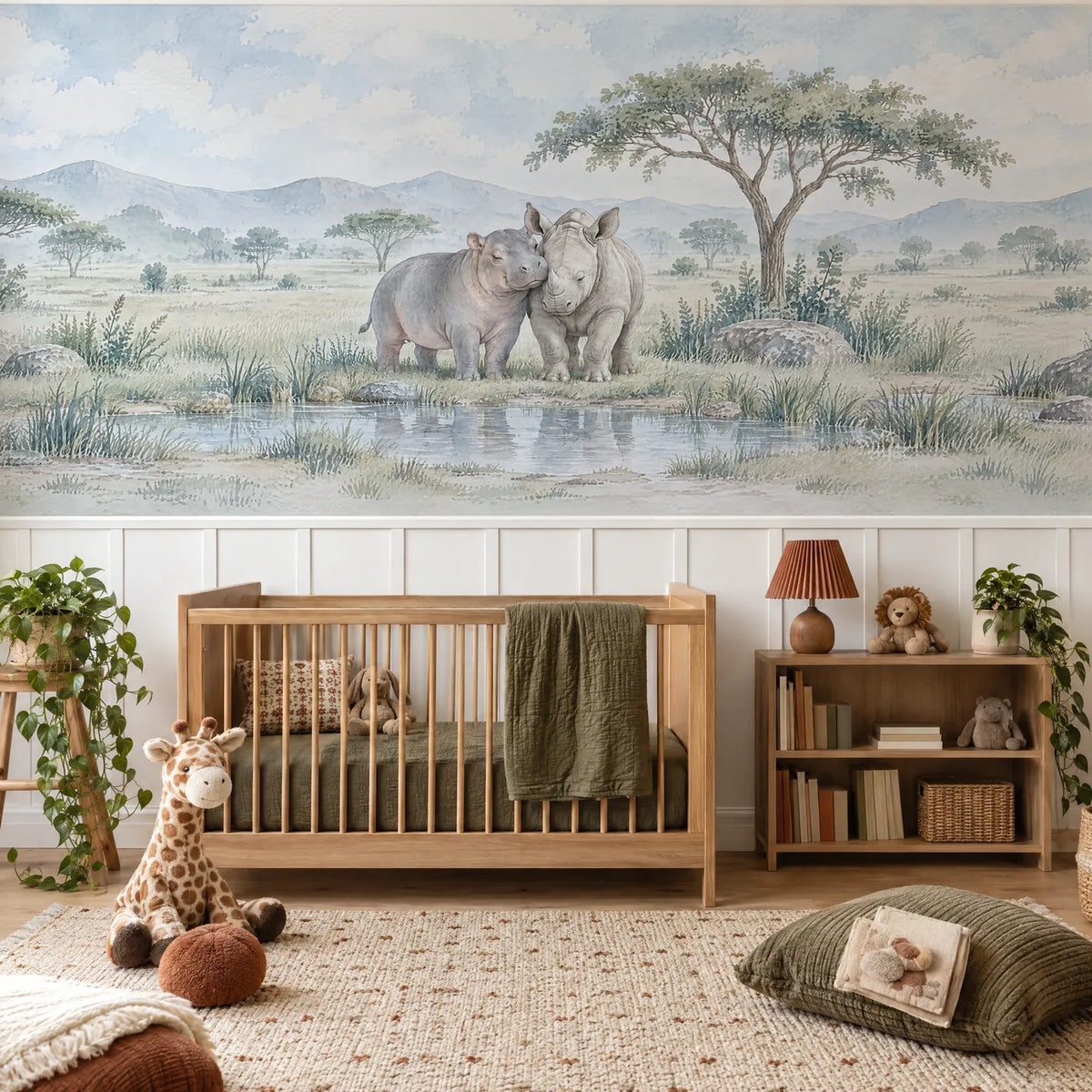 Watercolor wainscoting wallpaper of a hippo and rhino calf by a rain pool, above the chair rail in a styled room, by Whimsy Tots