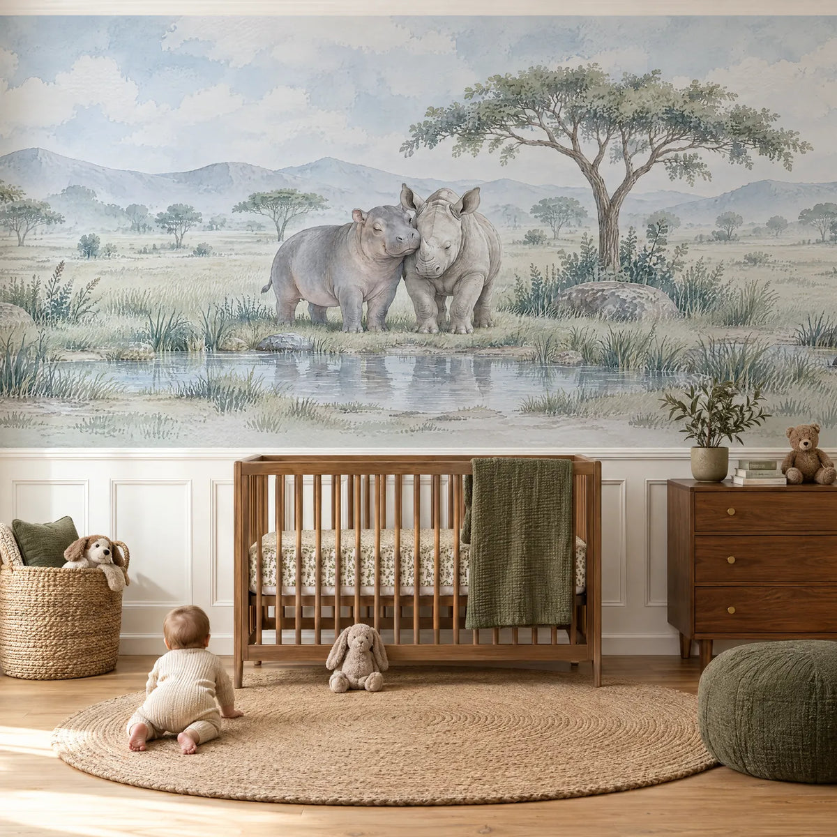 Watercolor wainscoting wallpaper of a hippo and rhino calf by a rain pool, in a lifestyle room, by Whimsy Tots