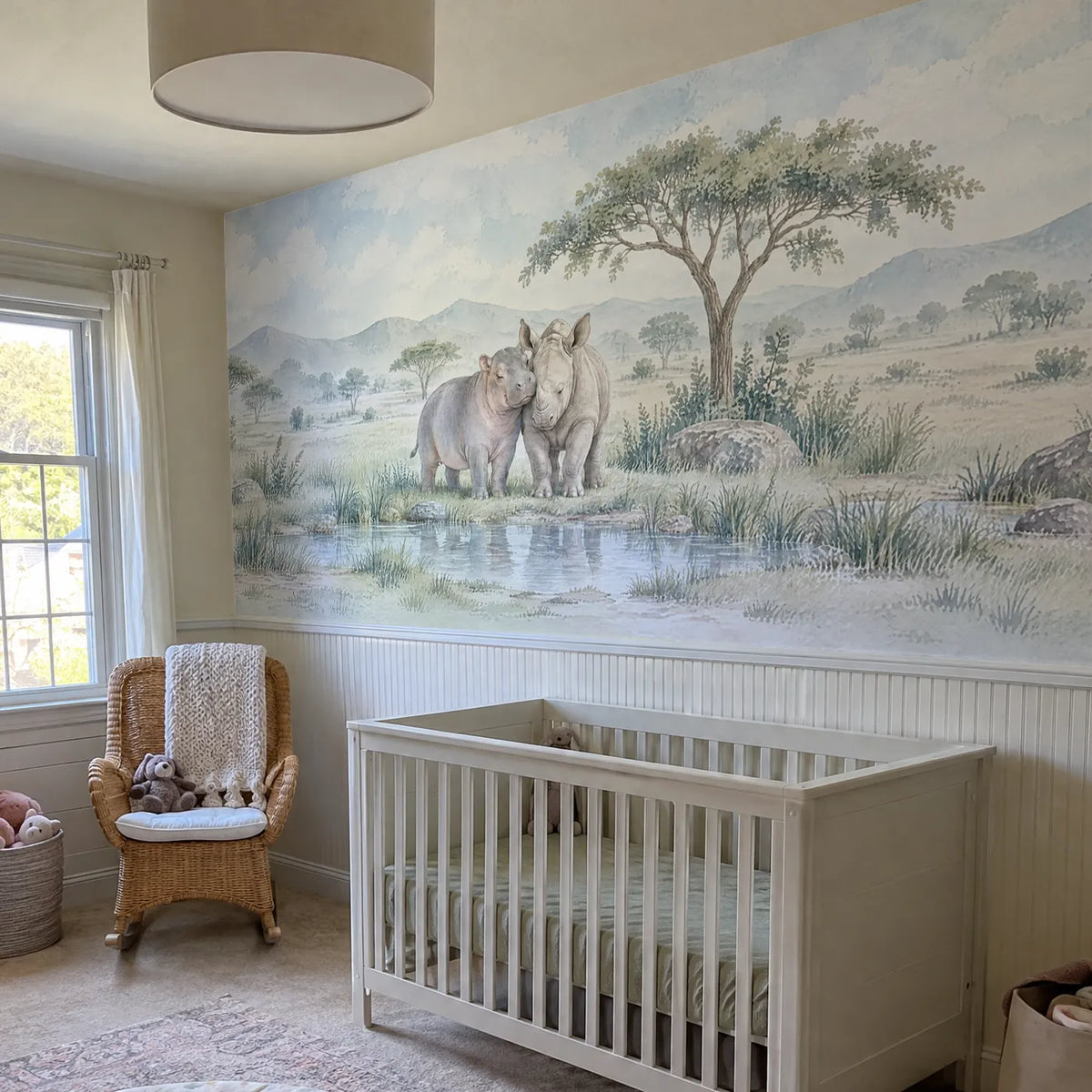 Watercolor wainscoting wallpaper of a hippo and rhino calf by a rain pool, in a room photo, by Whimsy Tots