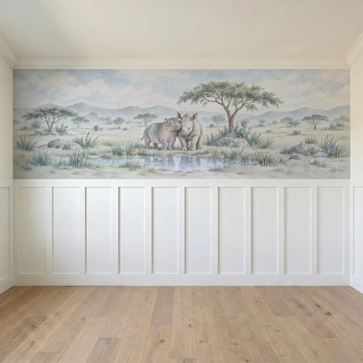 Watercolor wainscoting wallpaper of a hippo and rhino calf by a rain pool, full band design, by Whimsy Tots