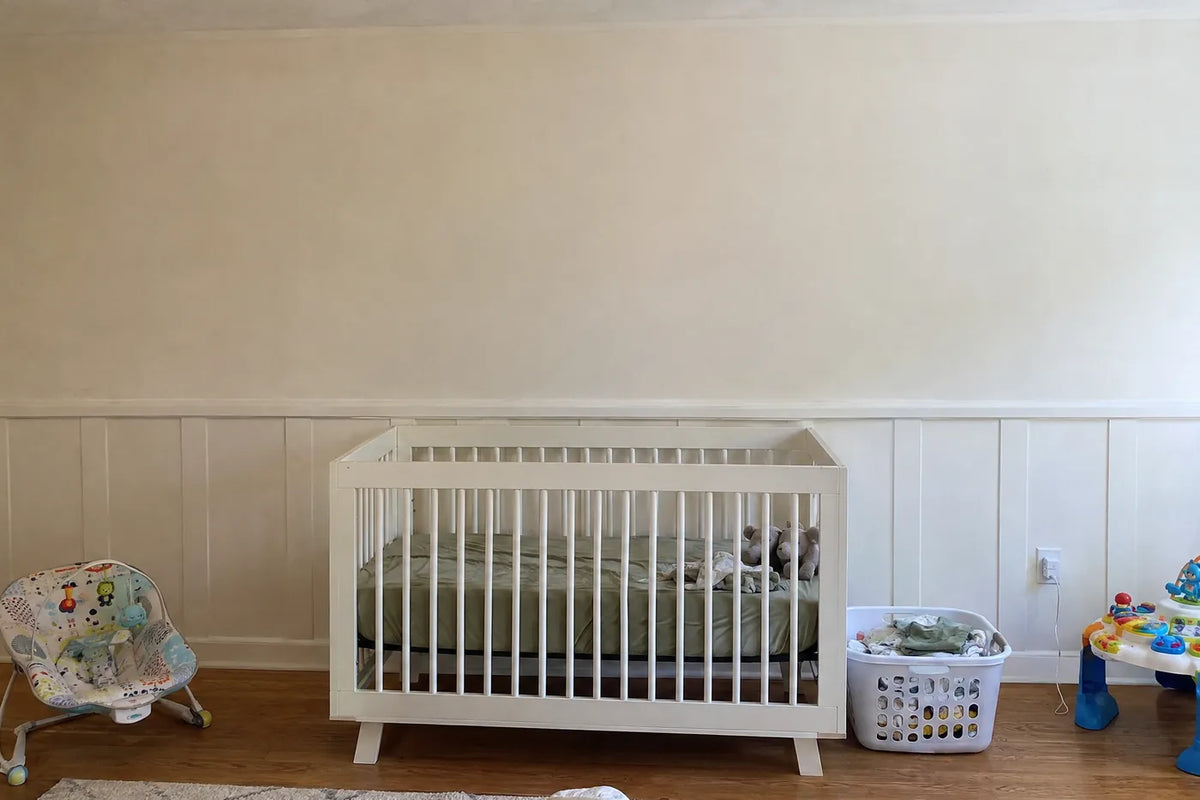 Watercolor wainscoting wallpaper of a hippo and rhino calf by a rain pool, the same room before, by Whimsy Tots