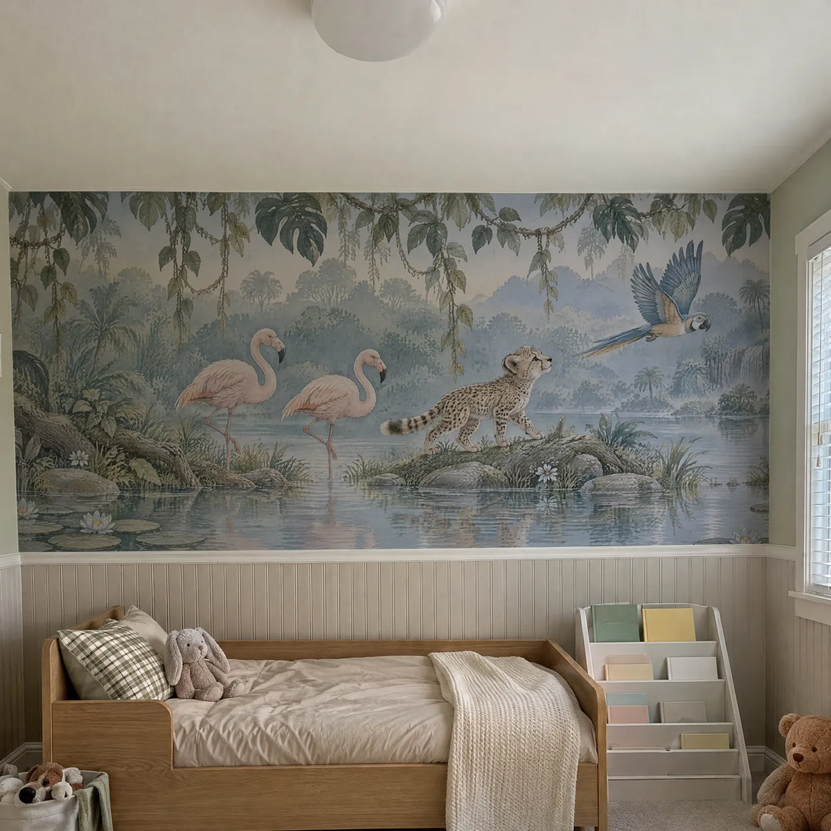Storybook wainscoting wallpaper of flamingos, a cheetah cub and a parrot, in a room photo, by Whimsy Tots