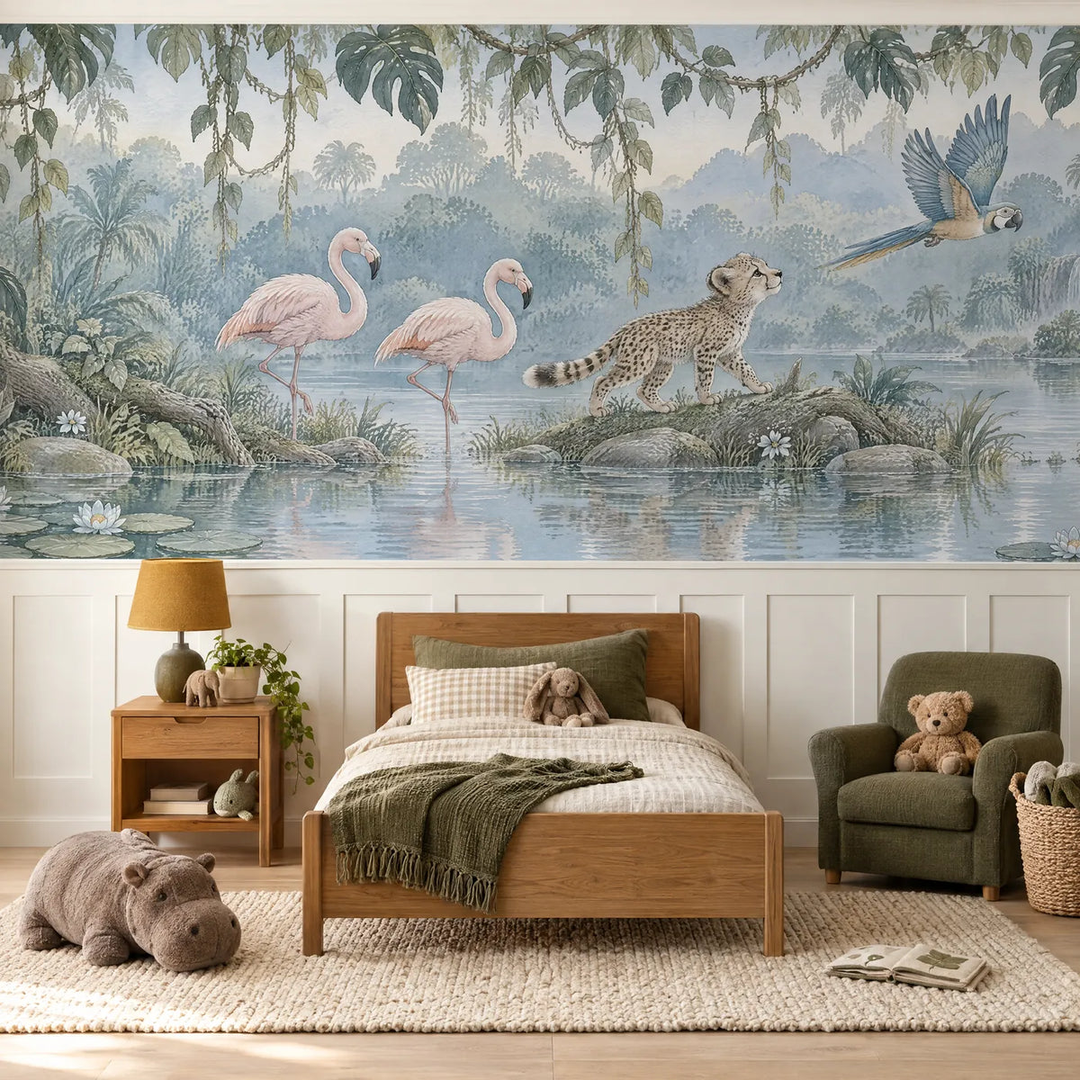 Storybook wainscoting wallpaper of flamingos, a cheetah cub and a parrot, above the chair rail in a styled room, by Whimsy Tots