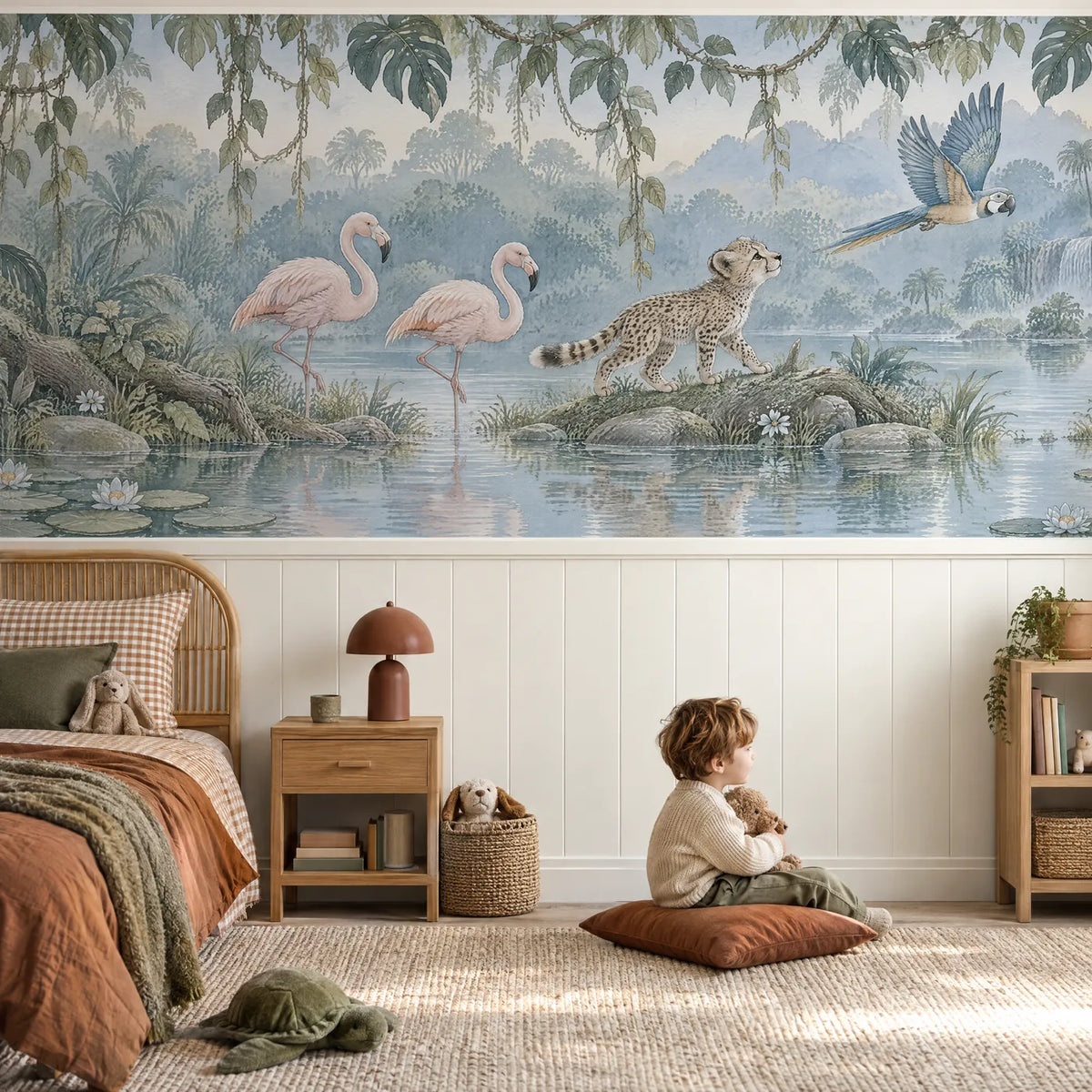 Storybook wainscoting wallpaper of flamingos, a cheetah cub and a parrot, in a lifestyle room, by Whimsy Tots