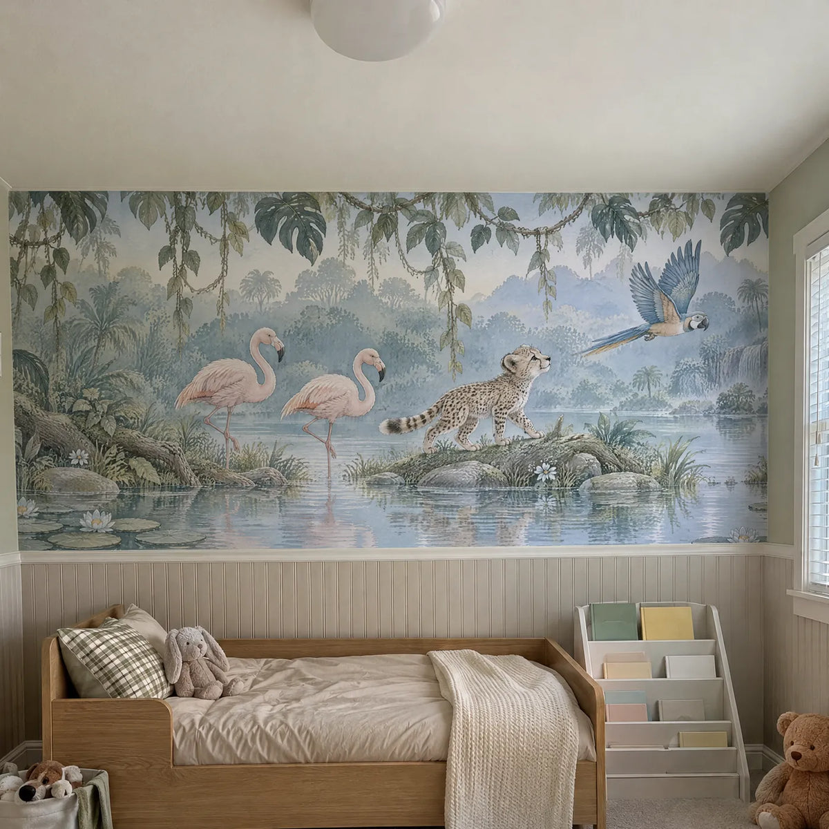 Storybook wainscoting wallpaper of flamingos, a cheetah cub and a parrot, in a room photo, by Whimsy Tots
