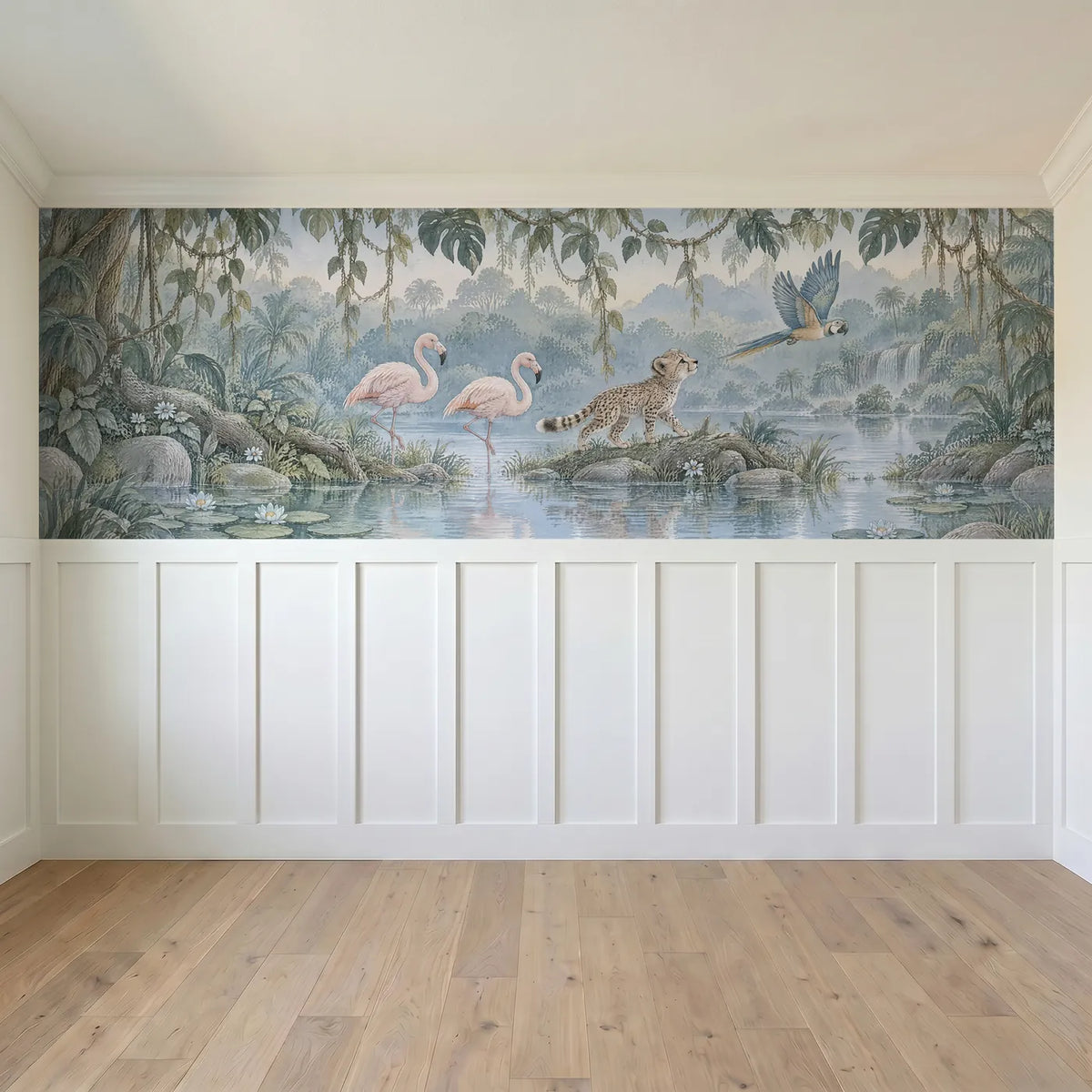 Storybook wainscoting wallpaper of flamingos, a cheetah cub and a parrot, full band design, by Whimsy Tots