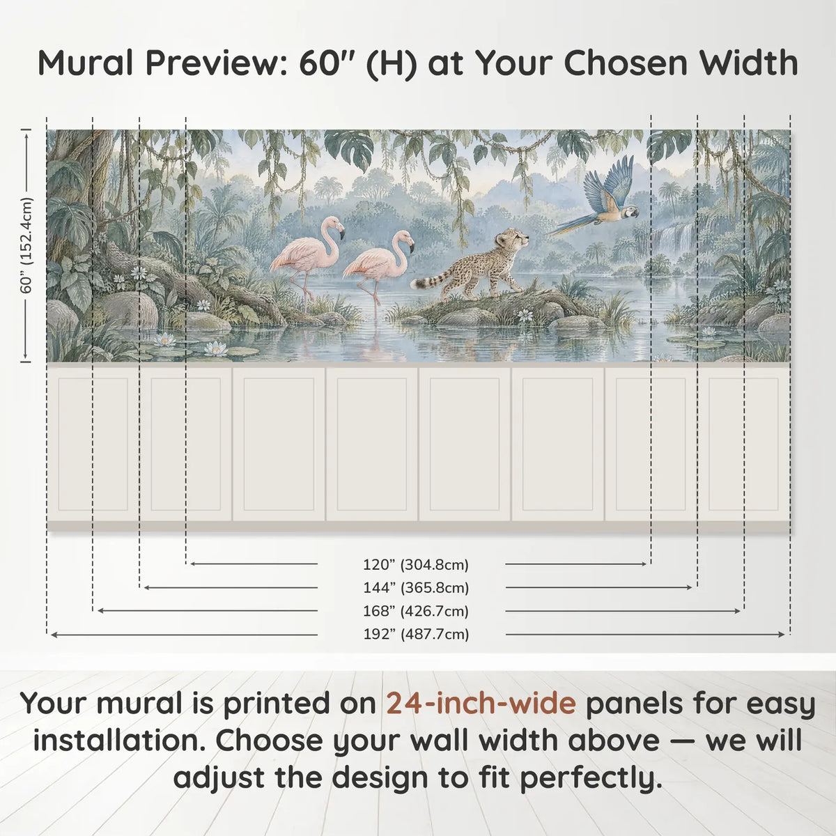 Storybook wainscoting wallpaper of flamingos, a cheetah cub and a parrot, band height and width, by Whimsy Tots