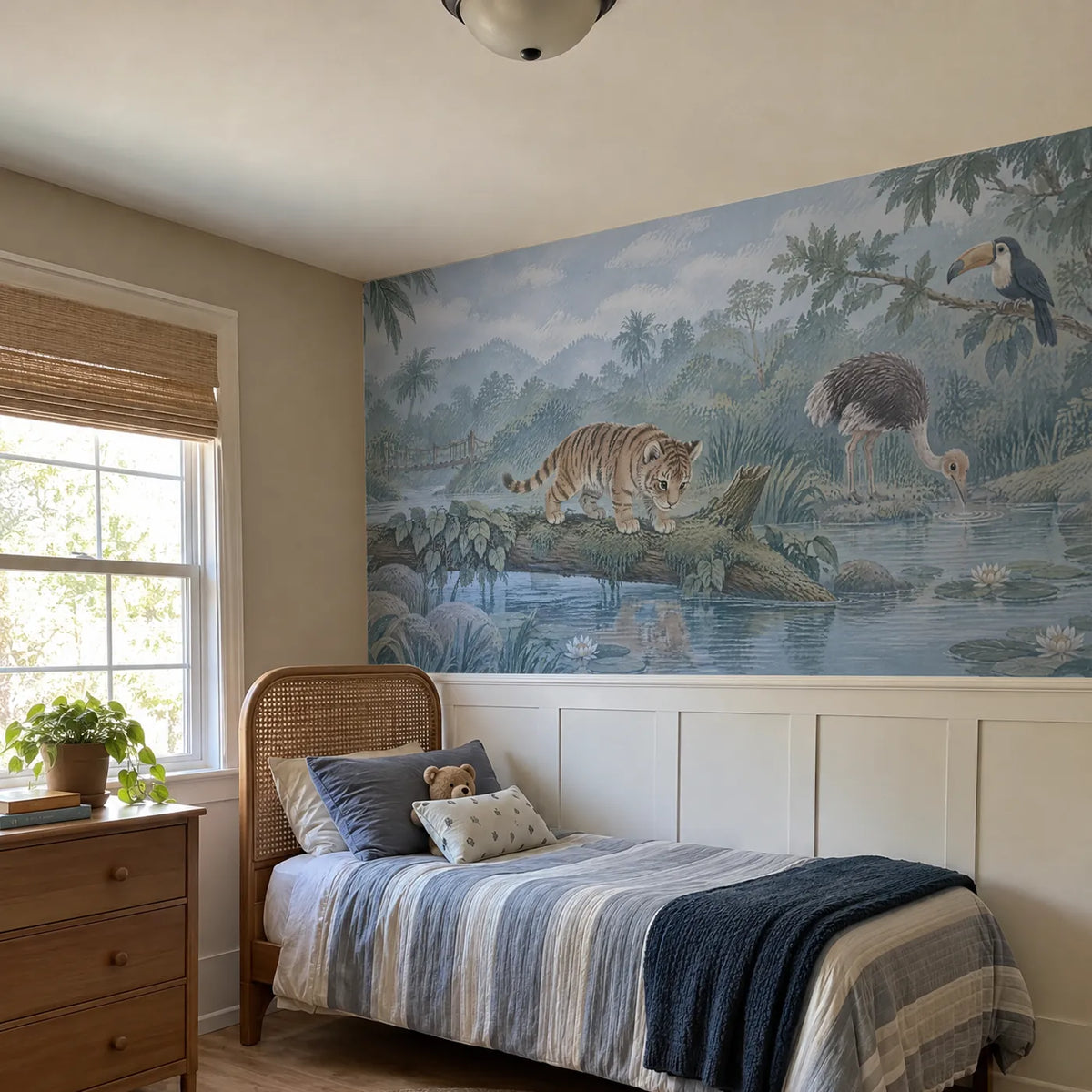 Gouache wainscoting wallpaper of a tiger cub on a river log, in a room photo, by Whimsy Tots