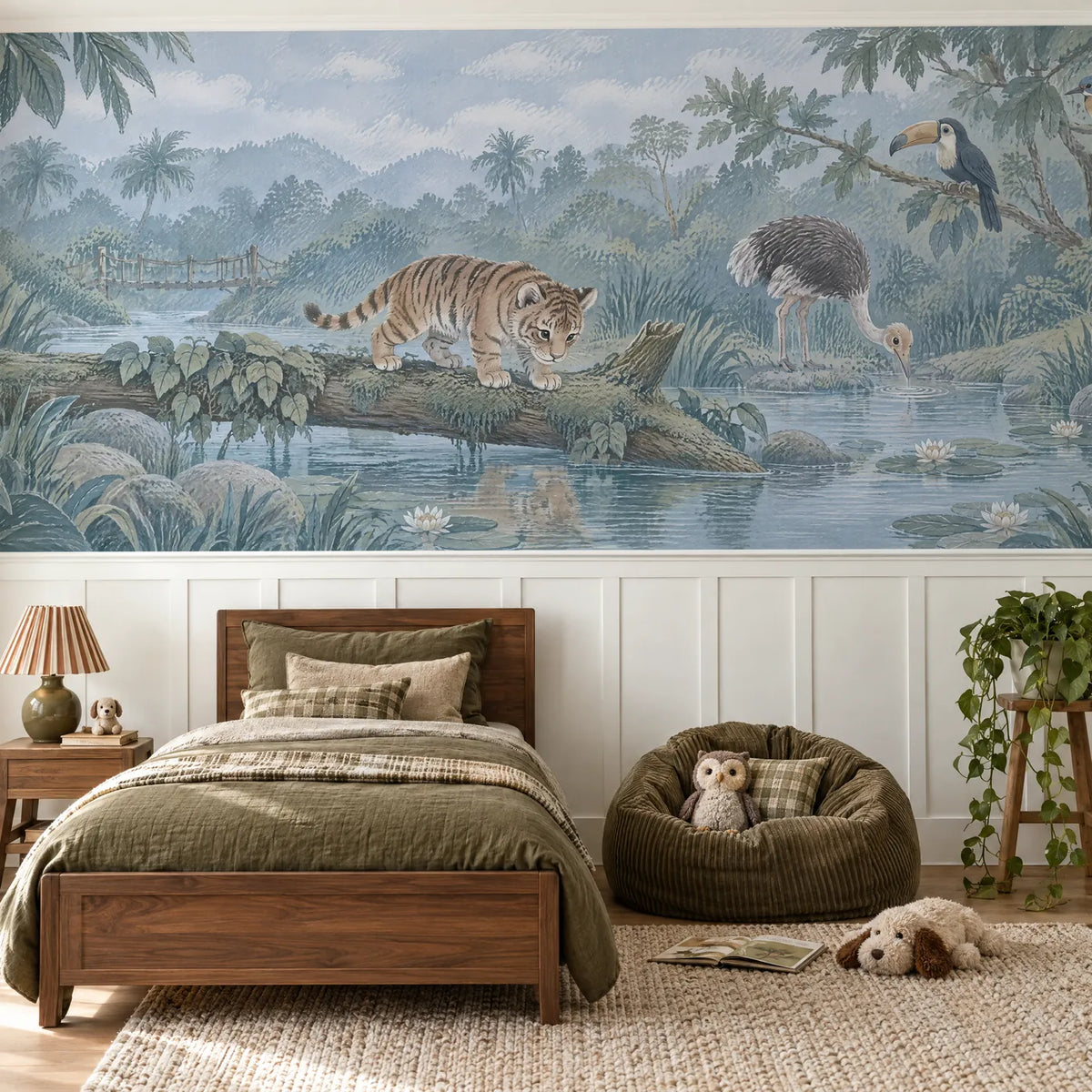 Gouache wainscoting wallpaper of a tiger cub on a river log, above the chair rail in a styled room, by Whimsy Tots