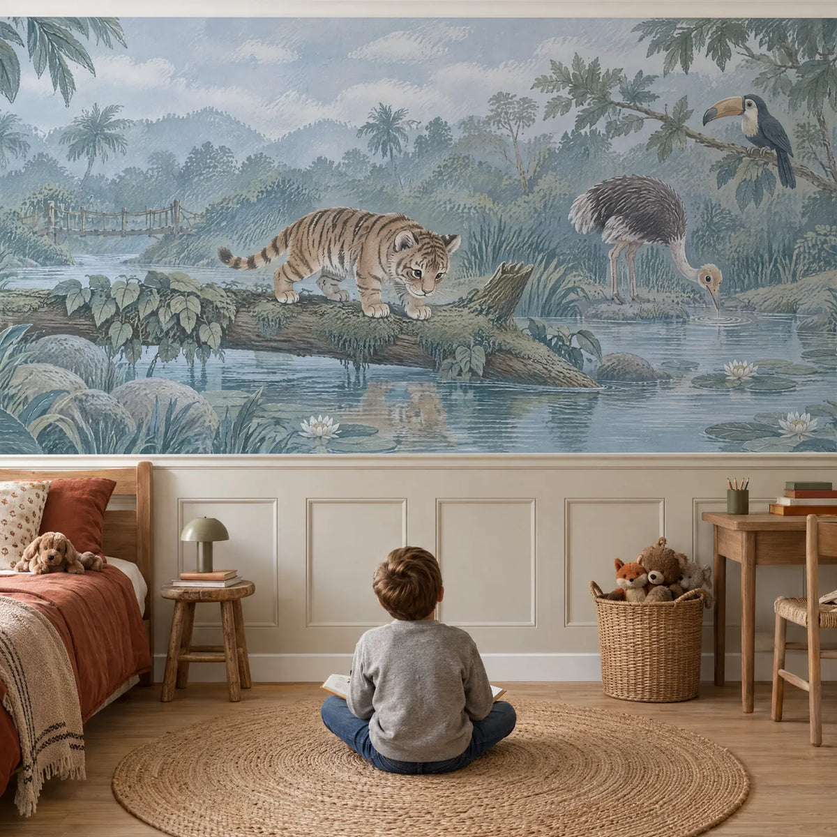 Gouache wainscoting wallpaper of a tiger cub on a river log, in a lifestyle room, by Whimsy Tots