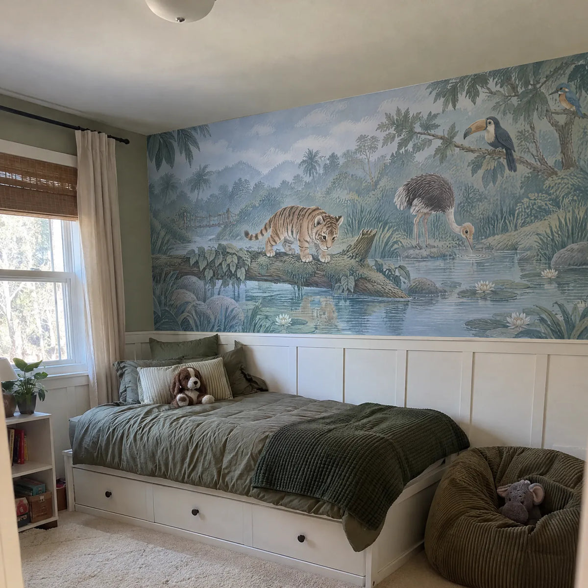 Gouache wainscoting wallpaper of a tiger cub on a river log, in a room photo, by Whimsy Tots