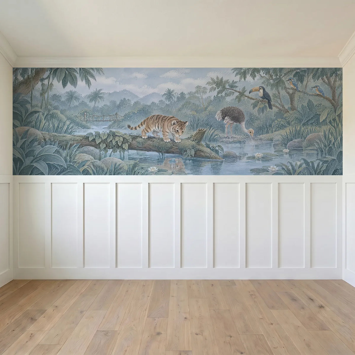 Gouache wainscoting wallpaper of a tiger cub on a river log, full band design, by Whimsy Tots