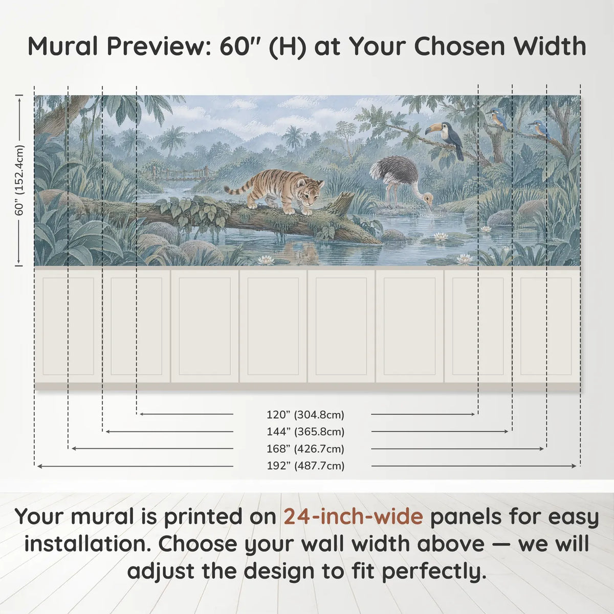 Gouache wainscoting wallpaper of a tiger cub on a river log, band height and width, by Whimsy Tots