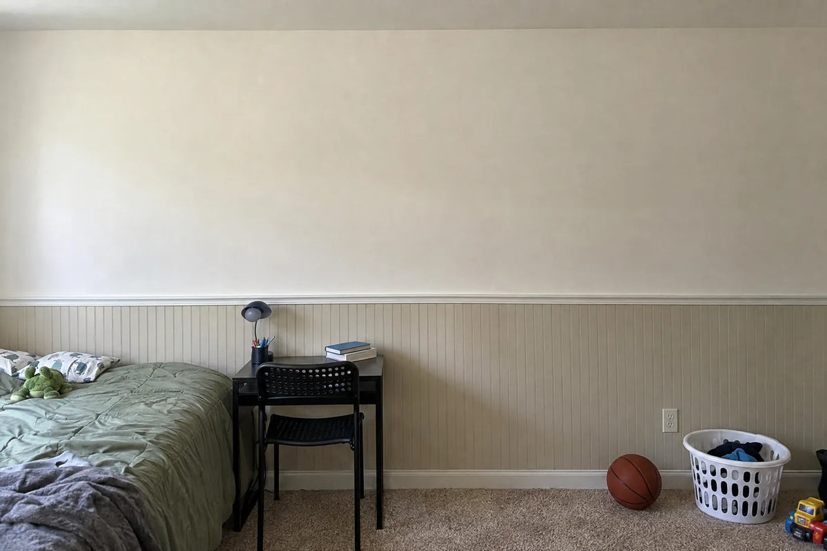 Gouache wainscoting wallpaper of a tiger cub on a river log, the same room before, by Whimsy Tots