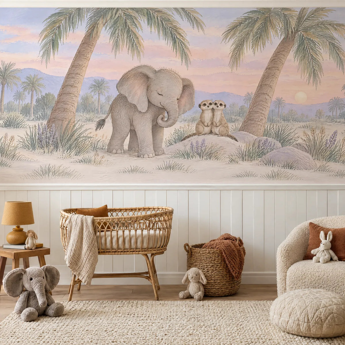 Gouache wainscoting wallpaper of an elephant and meerkats by palms, above the chair rail in a styled room, by Whimsy Tots