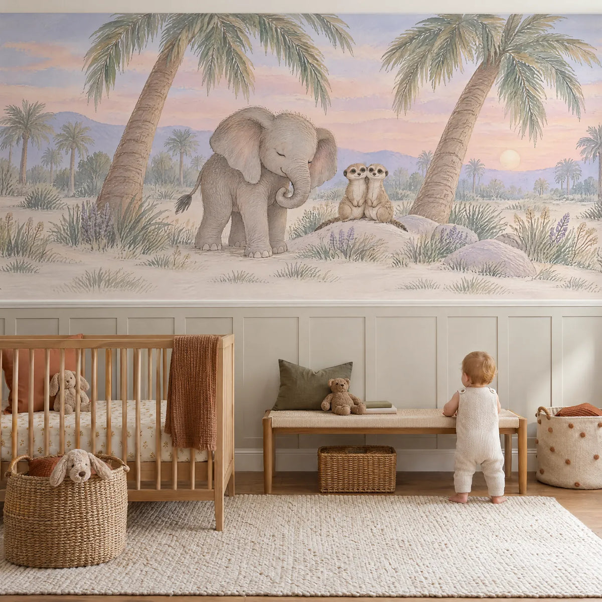 Gouache wainscoting wallpaper of an elephant and meerkats by palms, in a lifestyle room, by Whimsy Tots