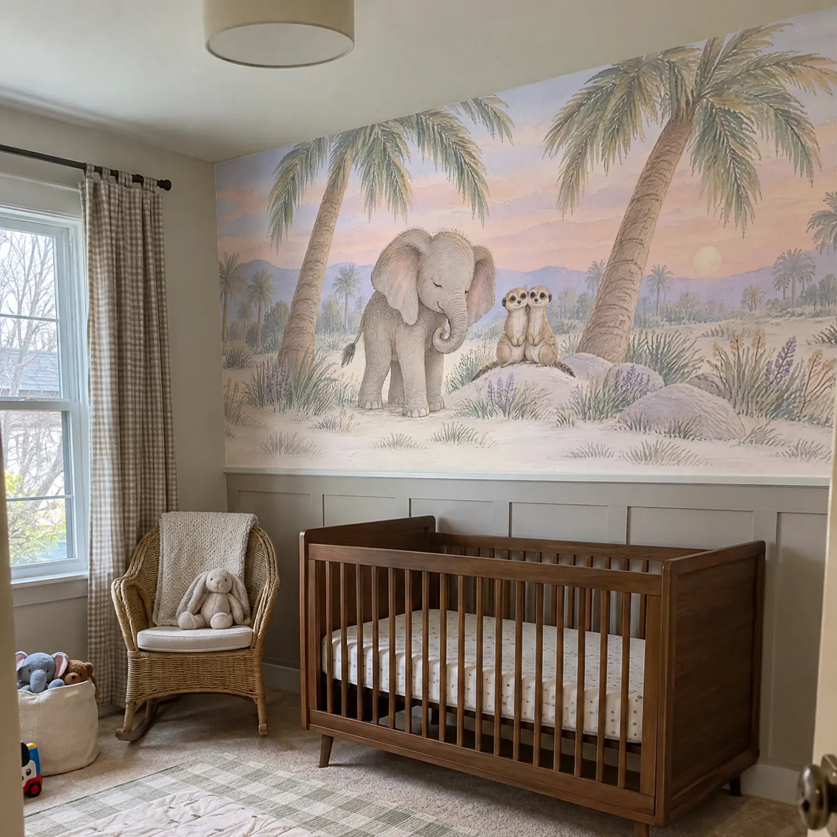 Gouache wainscoting wallpaper of an elephant and meerkats by palms, in a room photo, by Whimsy Tots