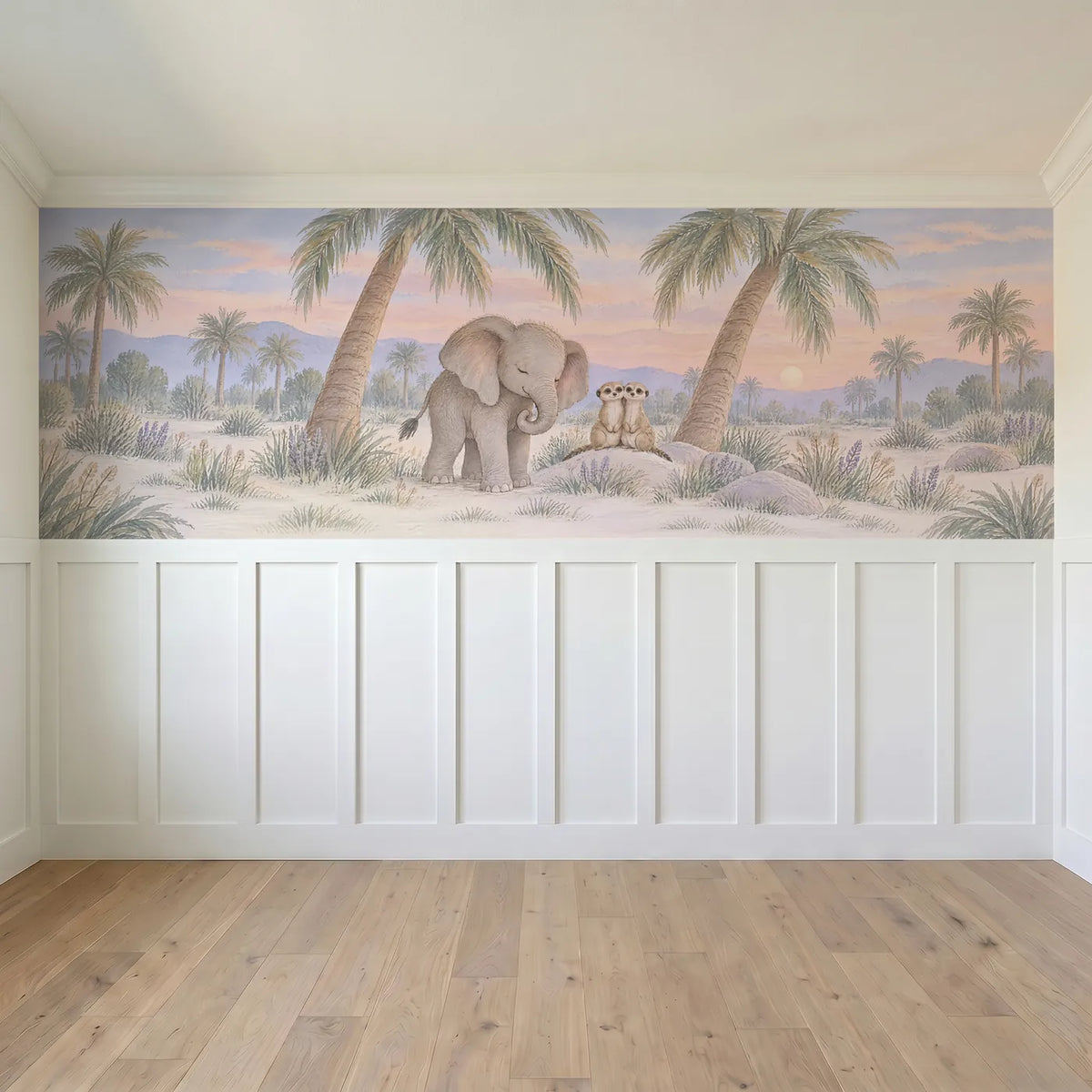 Gouache wainscoting wallpaper of an elephant and meerkats by palms, full band design, by Whimsy Tots