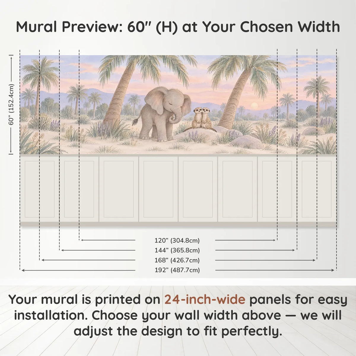 Gouache wainscoting wallpaper of an elephant and meerkats by palms, band height and width, by Whimsy Tots