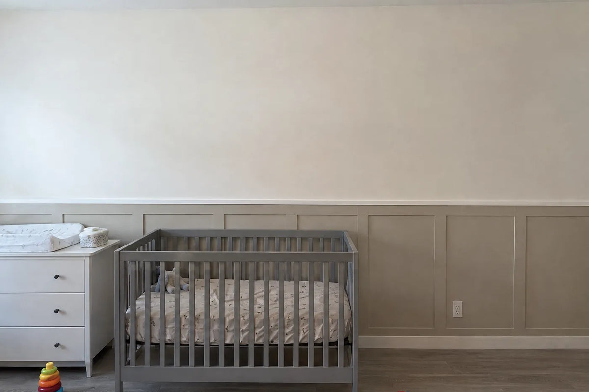 Gouache wainscoting wallpaper of an elephant and meerkats by palms, the same room before, by Whimsy Tots
