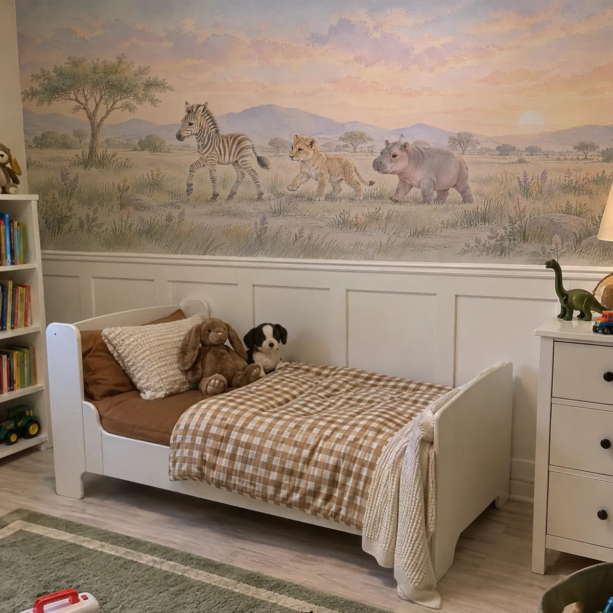 Watercolor wainscoting wallpaper with a zebra, lion cub and hippo, in a room photo, by Whimsy Tots