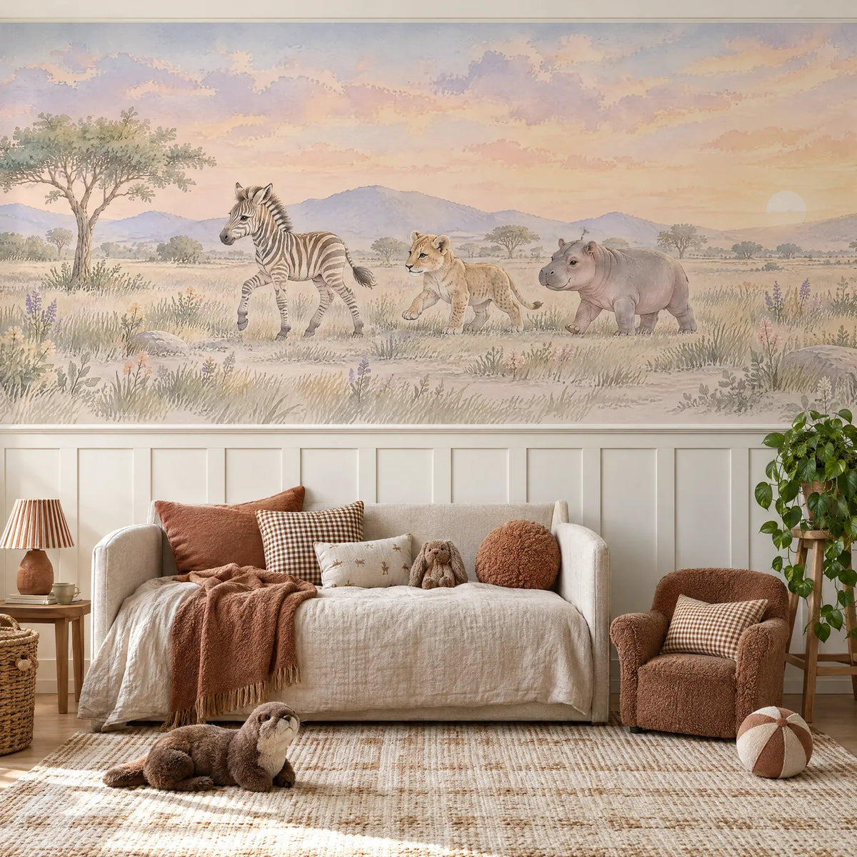 Watercolor wainscoting wallpaper with a zebra, lion cub and hippo, above the chair rail in a styled room, by Whimsy Tots