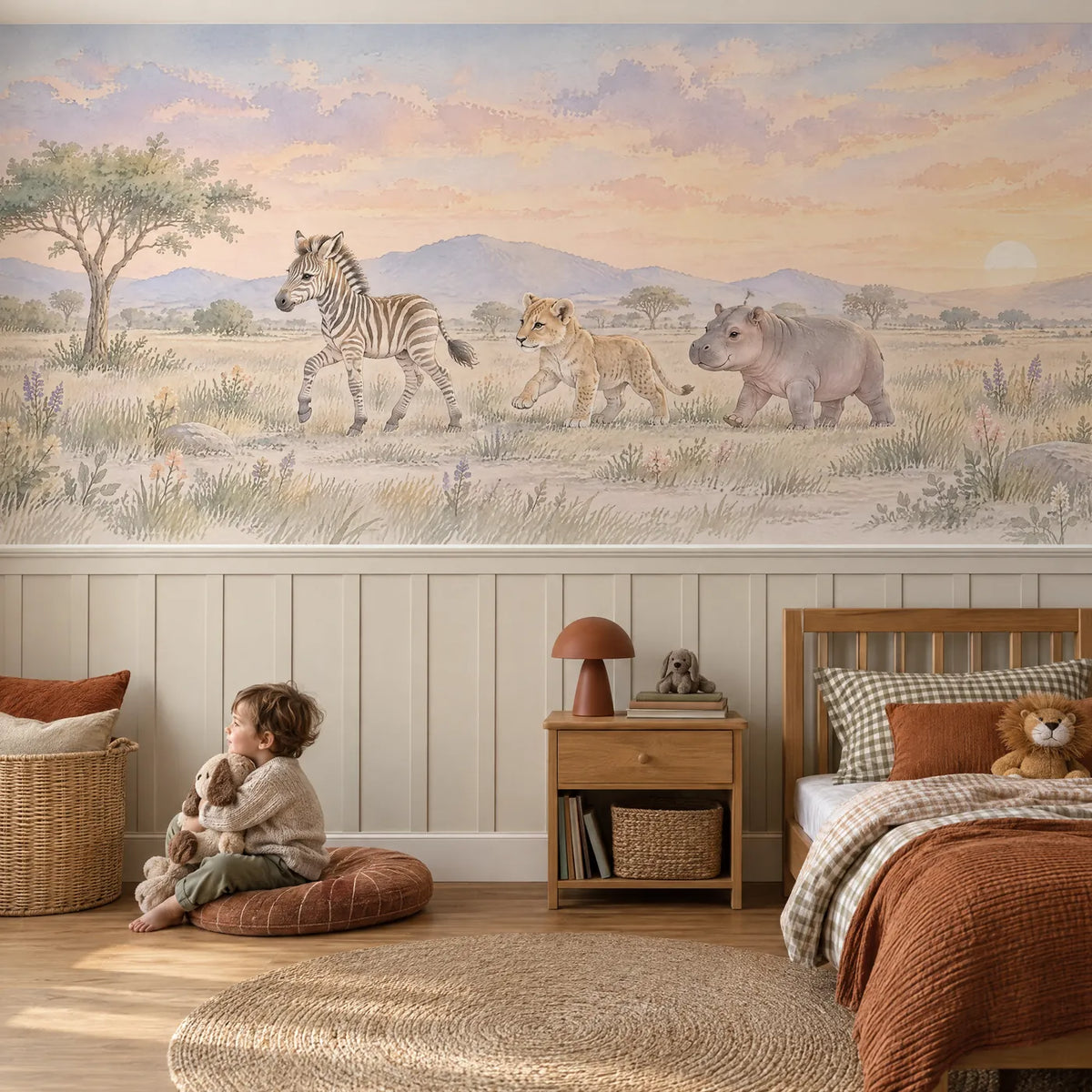 Watercolor wainscoting wallpaper with a zebra, lion cub and hippo, in a lifestyle room, by Whimsy Tots
