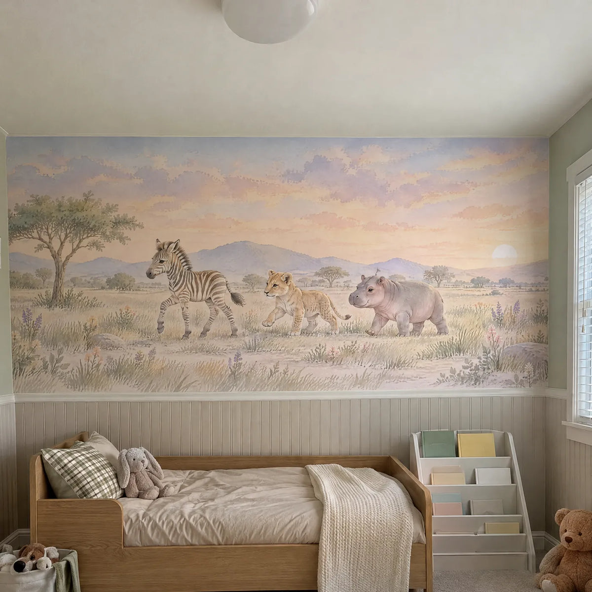 Watercolor wainscoting wallpaper with a zebra, lion cub and hippo, in a room photo, by Whimsy Tots