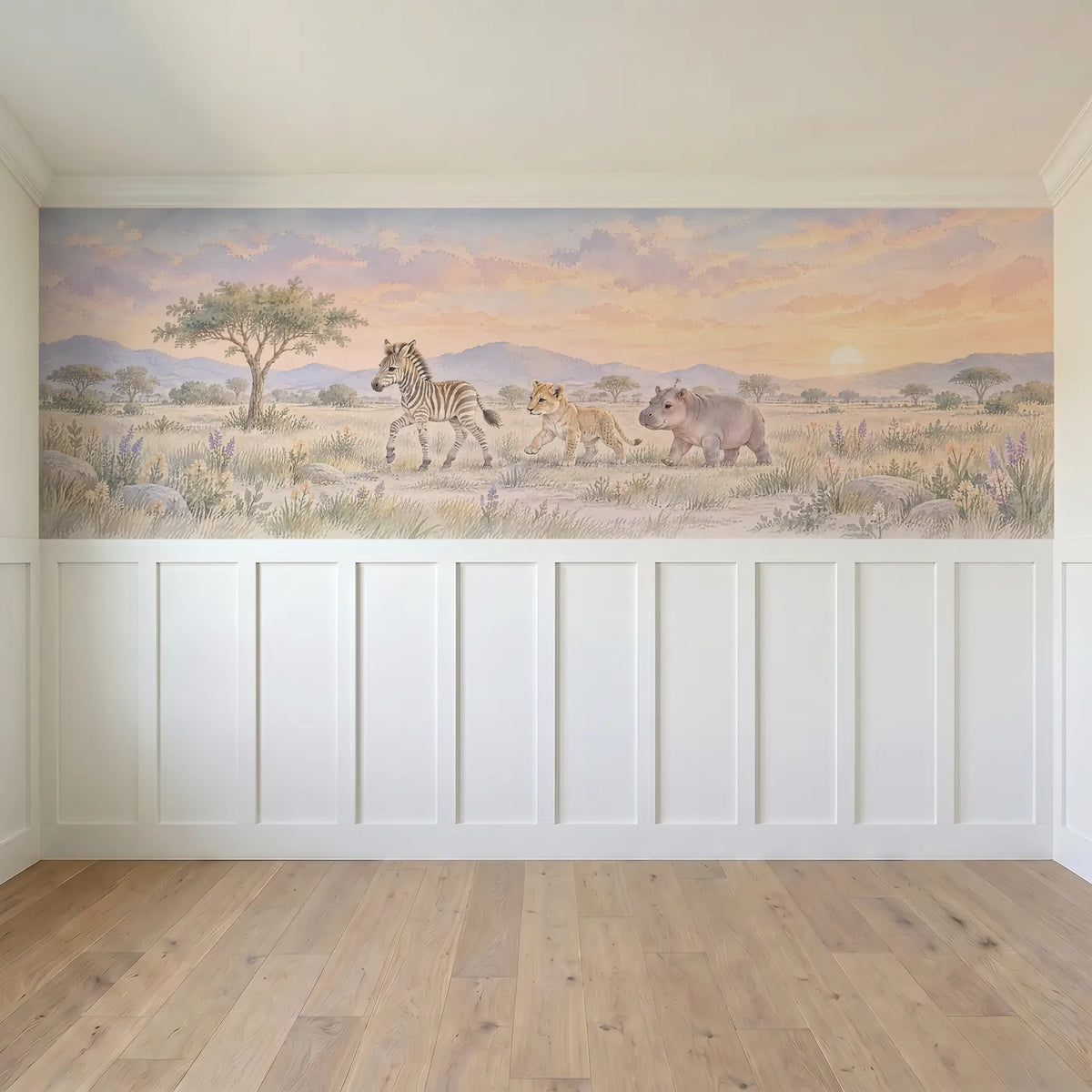Watercolor wainscoting wallpaper with a zebra, lion cub and hippo, full band design, by Whimsy Tots