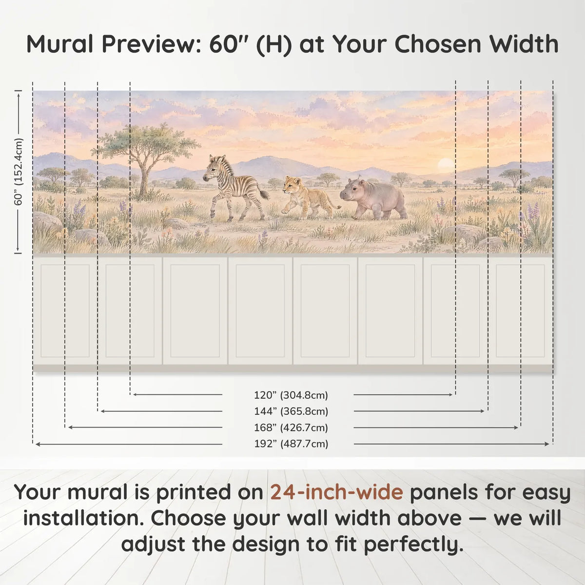 Watercolor wainscoting wallpaper with a zebra, lion cub and hippo, band height and width, by Whimsy Tots